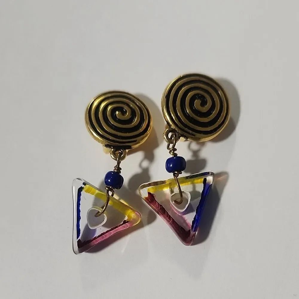 Matte Gold Clip On Earrings with Multicolor Glass Accent Drop